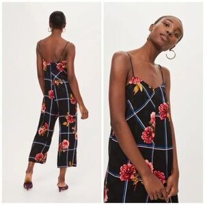 Topshop Black‎ Floral Grid Print Cropped Jumpsuit Size 4